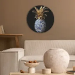 Ananas - Bloemen patroon - Goud - Delftsblauw Akoestische PET Vilt - Rond klein -sfeer1