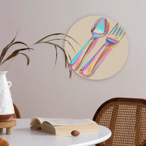 Regenboog - Lepel - Vork Akoestische PET Vilt - Rond klein -sfeer3