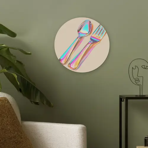 Regenboog - Lepel - Vork Akoestische PET Vilt - Rond klein -sfeer2