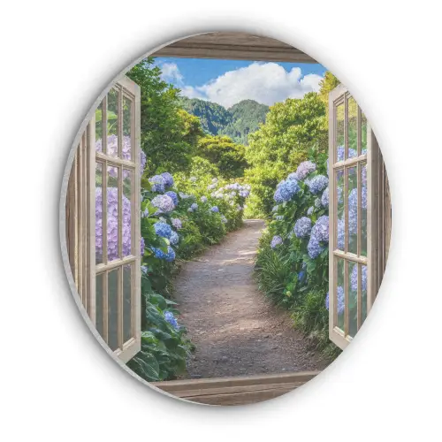Doorkijk - Hortensia - Pad - Natuur Akoestische PET Vilt - Rond klein -3d