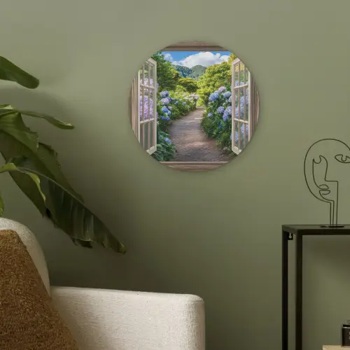 Doorkijk - Hortensia - Pad - Natuur Akoestische PET Vilt - Rond klein -sfeer2