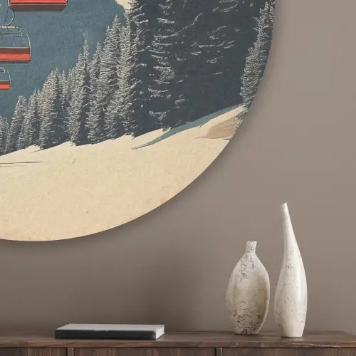 Sneeuw - Skilift - Rood - Bomen Akoestische PET Vilt - Rond klein -sfeer5_closeup