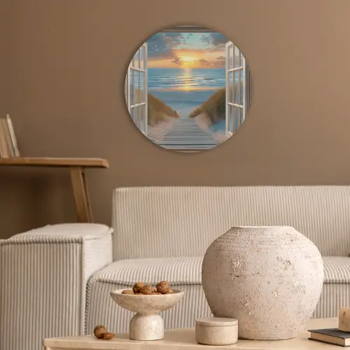 Doorkijk - Strand - Pad - Zonsondergang Akoestische PET Vilt - Rond klein -sfeer1