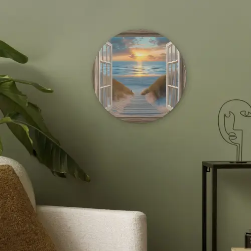 Doorkijk - Strand - Pad - Zonsondergang Akoestische PET Vilt - Rond klein -sfeer2