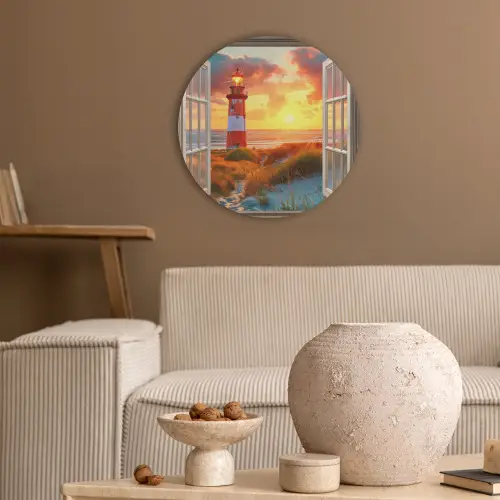 Doorkijk - Raam - Vuurtoren - Zonsondergang - Strand Akoestische PET Vilt - Rond klein -sfeer1