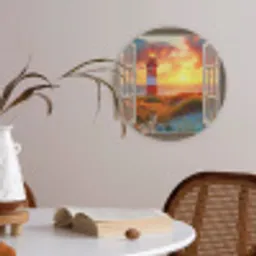 Doorkijk - Raam - Vuurtoren - Zonsondergang - Strand Akoestische PET Vilt - Rond klein -sfeer3