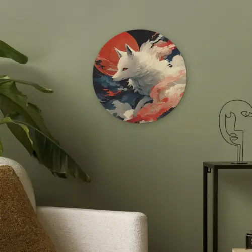 Witte vos - wolken - maan Akoestische PET Vilt - Rond klein -sfeer2