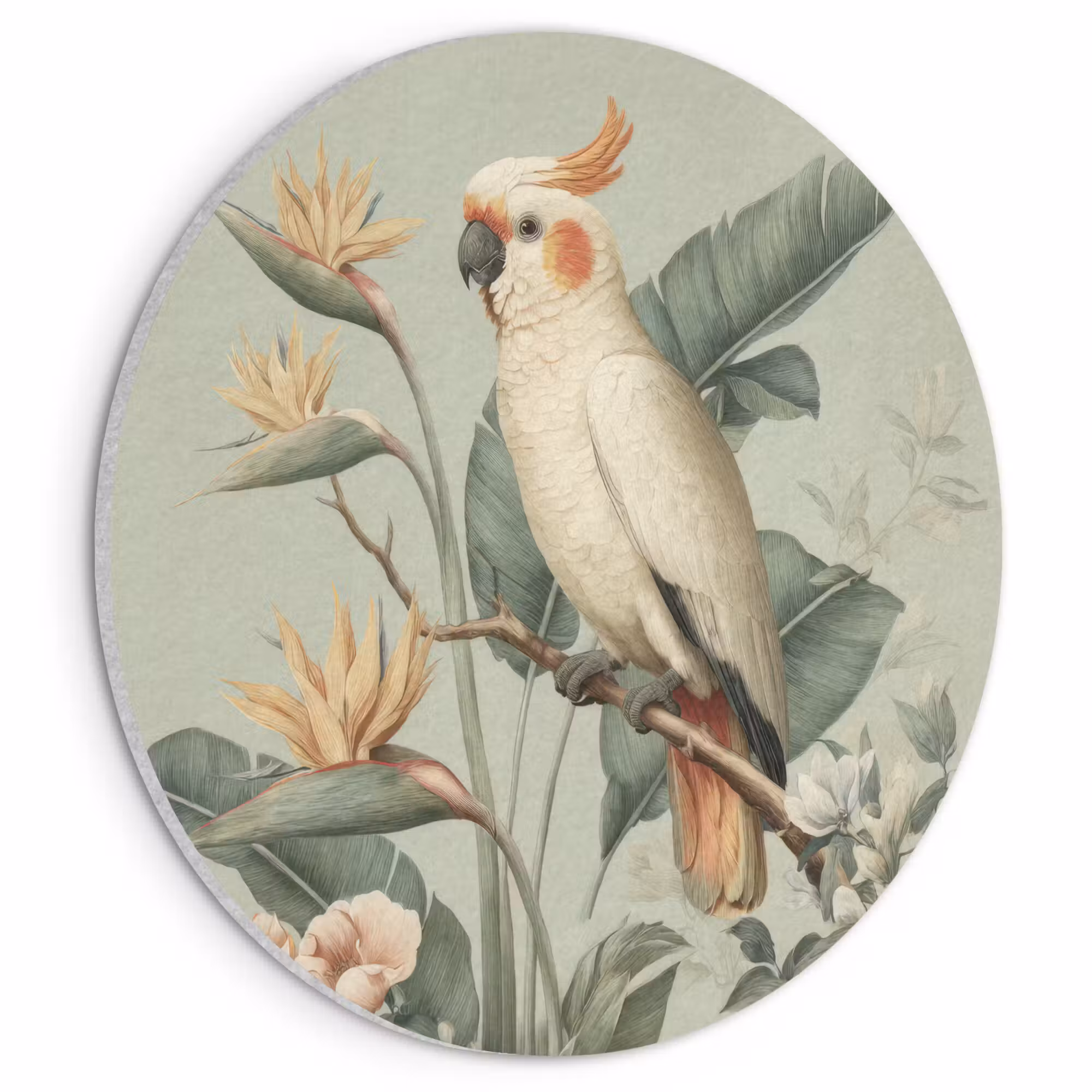 Acoustic painting round - Yellow crested cockatoo - bird of paradise flowers - Green
