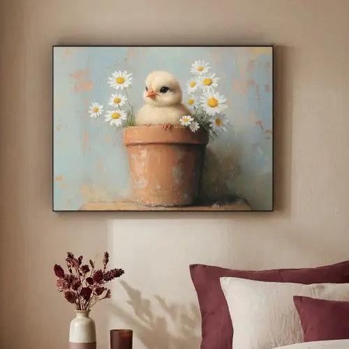 Bloempot - Kuiken - Bloemetjes Textielframe zwart klein -sfeer1