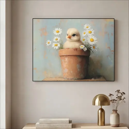 Bloempot - Kuiken - Bloemetjes Textielframe - compleet frame klein -sfeer2