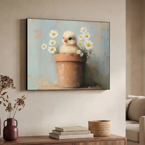 Bloempot - Kuiken - Bloemetjes Textielframe zwart klein -sfeer3