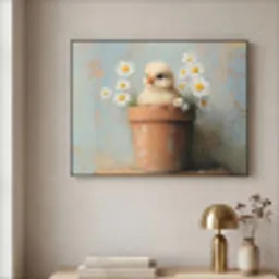 Bloempot - Kuiken - Bloemetjes Textielframe zwart klein -sfeer2