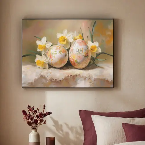 Bloemen - Eieren - Geschilderd Textielframe - compleet frame klein -sfeer1