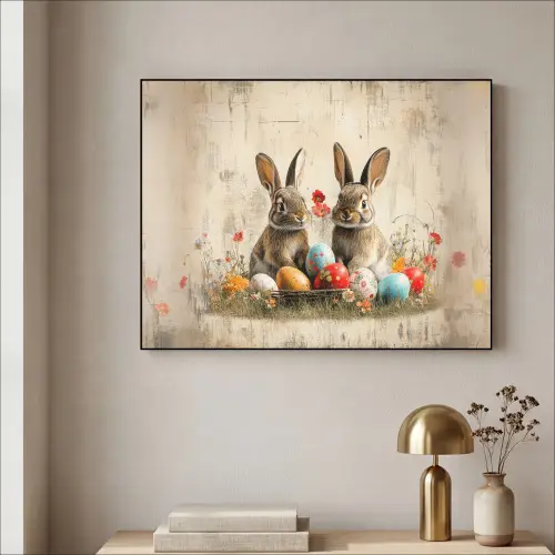 Konijnen - Bloemen - Eieren Textielframe - compleet frame klein -sfeer2