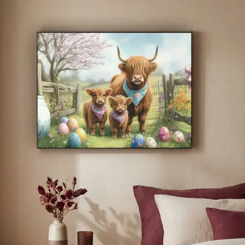 Schotsehooglanders - Paaseieren - Lente Textielframe zwart klein -sfeer1