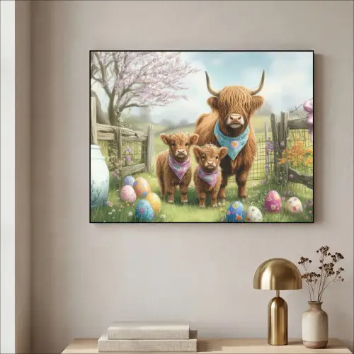 Schotsehooglanders - Paaseieren - Lente Textielframe - compleet frame klein -sfeer2
