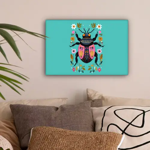 Kever - Bloemmotieven - Turquoise - Bladeren canvas 2cm klein -sfeer1