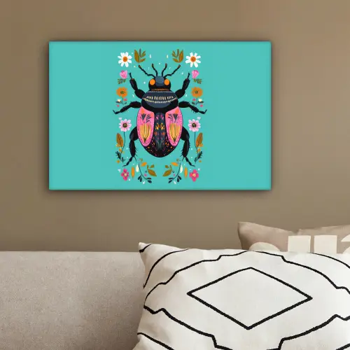 Kever - Bloemmotieven - Turquoise - Bladeren canvas 2cm klein -sfeer3