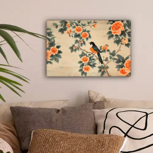 Vogel - Tak - Bloemen - Oranje canvas 2cm klein -sfeer1