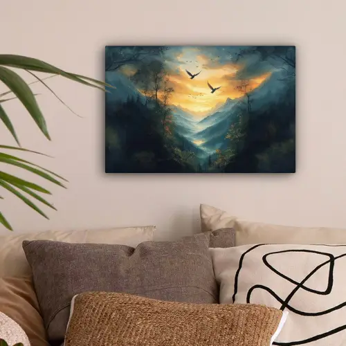 Vogels - Zon - Bomen - Groen canvas 2cm klein -sfeer1