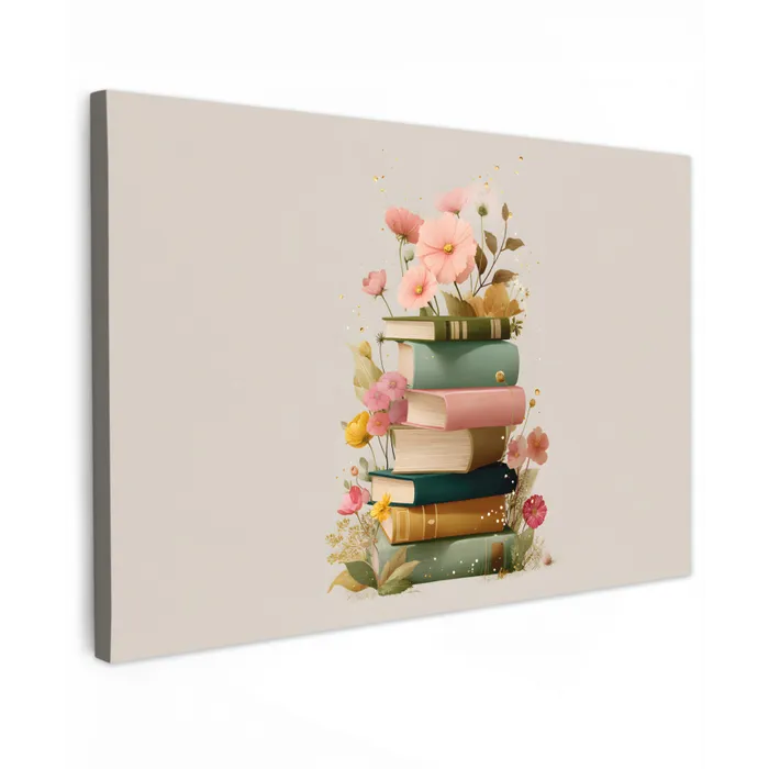 Boeken - Stapel - Bloemen - Kleurrijk canvas 2cm klein -z3d