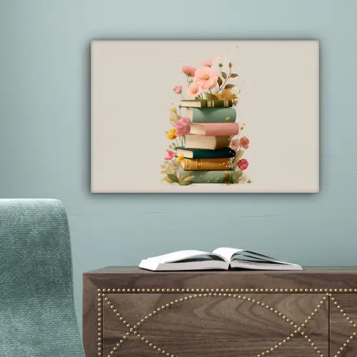 Boeken - Stapel - Bloemen - Kleurrijk canvas 2cm klein -sfeer4