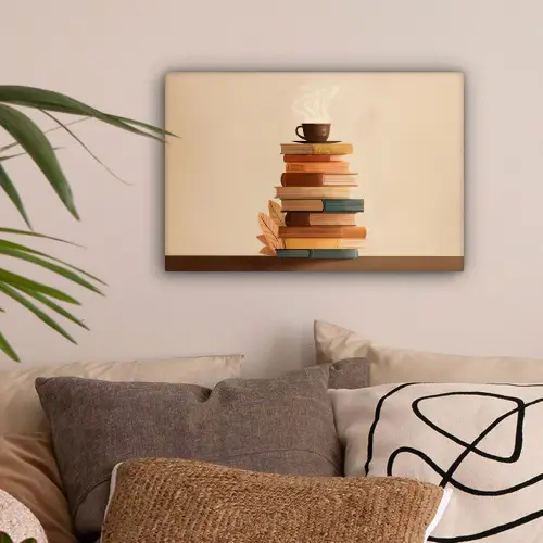 Boeken - Toren - Koffie - Beige canvas 2cm klein -sfeer1