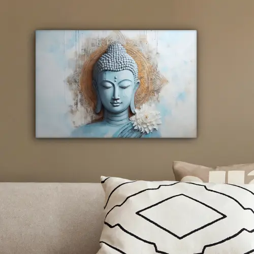 Boeddha - Beeld - Blauw - Bruin - Bloem canvas 2cm klein -sfeer3