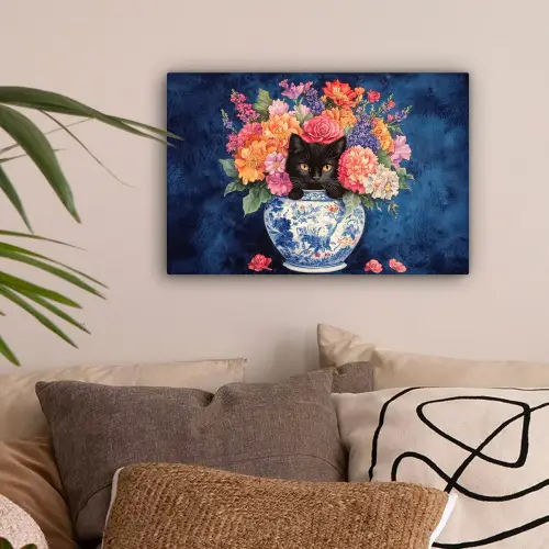 Kat - Felgekleurde bloemen - Vaas canvas 2cm klein -sfeer1