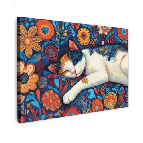 Kat - Bloemenpatroon - Blauw - Oranje canvas 2cm klein -z3d