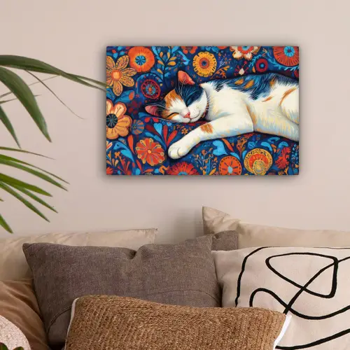 Kat - Bloemenpatroon - Blauw - Oranje canvas 2cm klein -sfeer1