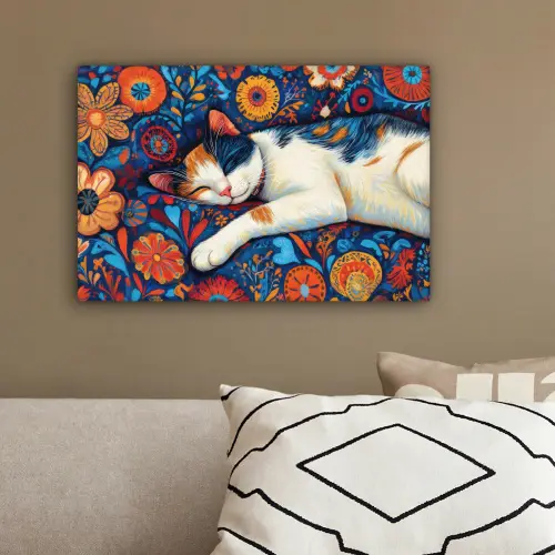 Kat - Bloemenpatroon - Blauw - Oranje canvas 2cm klein -sfeer3