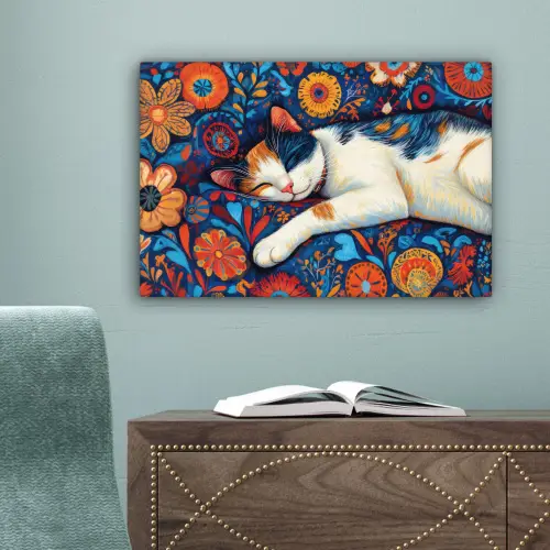 Kat - Bloemenpatroon - Blauw - Oranje canvas 2cm klein -sfeer4