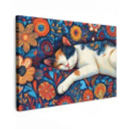 Kat - Bloemenpatroon - Blauw - Oranje canvas 2cm klein -z3d