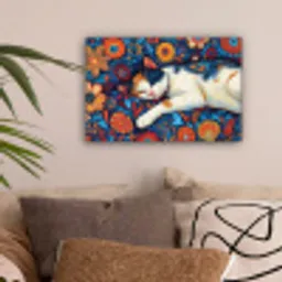 Kat - Bloemenpatroon - Blauw - Oranje canvas 2cm klein -sfeer1