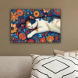 Kat - Bloemenpatroon - Blauw - Oranje canvas 2cm klein -sfeer3