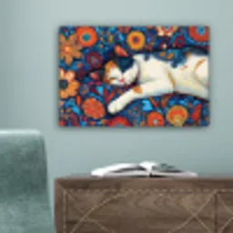Kat - Bloemenpatroon - Blauw - Oranje canvas 2cm klein -sfeer4