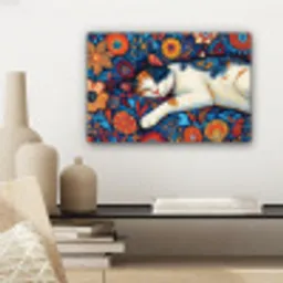 Kat - Bloemenpatroon - Blauw - Oranje canvas 2cm klein -sfeer6