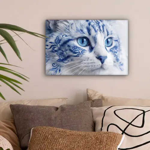 Kat - Patroon - Blauw canvas 2cm klein -sfeer1