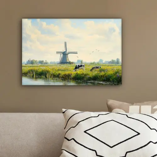 Koeien - Windmolen - Weide - Blauw canvas 2cm klein -sfeer3