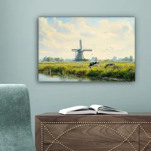 Koeien - Windmolen - Weide - Blauw canvas 2cm klein -sfeer4