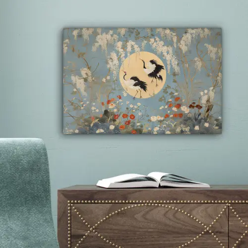 Kraanvogels - Maan - Bloemen - Blauw canvas 2cm klein -sfeer4
