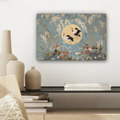 Kraanvogels - Maan - Bloemen - Blauw canvas 2cm klein -sfeer6