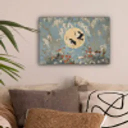 Kraanvogels - Maan - Bloemen - Blauw canvas 2cm klein -sfeer1