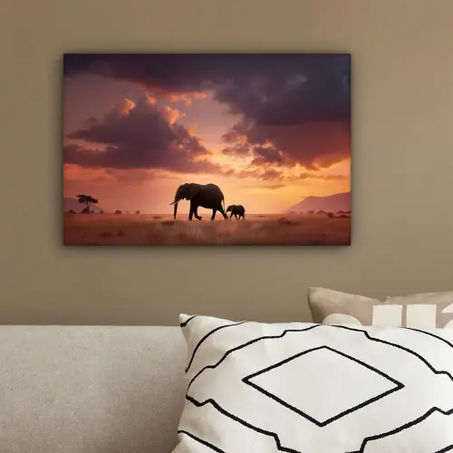 Olifanten - Grasland - Zonsondergang canvas 2cm klein -sfeer3