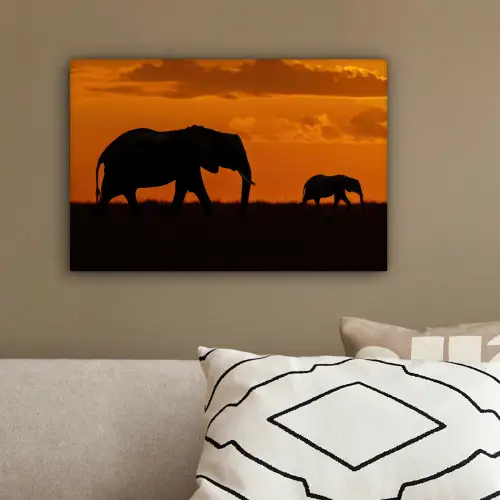 Olifanten - Savanne - Zonsondergang canvas 2cm klein -sfeer3