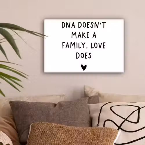 Engelse quote "DNA doesn't make a family, love does" met een hartje op een witte achtergrond canvas 2cm klein -sfeer1