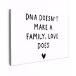Engelse quote "DNA doesn't make a family, love does" met een hartje op een witte achtergrond canvas 2cm klein -z3d