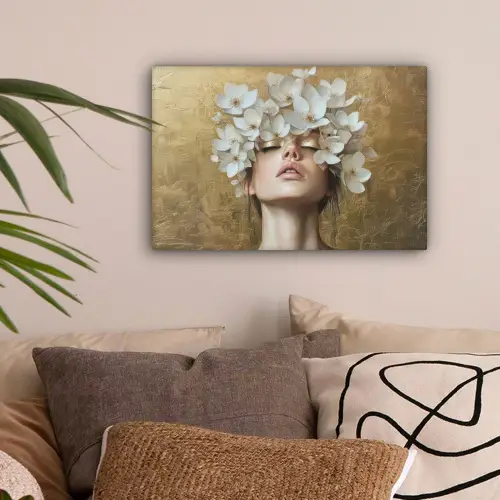 Gezicht - Bloemen - Goud - Abstract canvas 2cm klein -sfeer1
