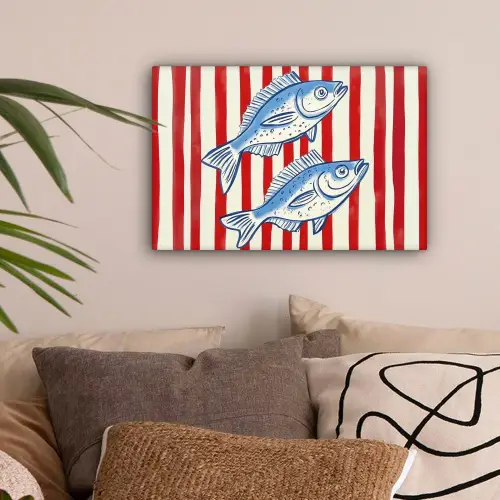 Vissen - Verticale strepen - Blauw - Rood canvas 2cm klein -sfeer1